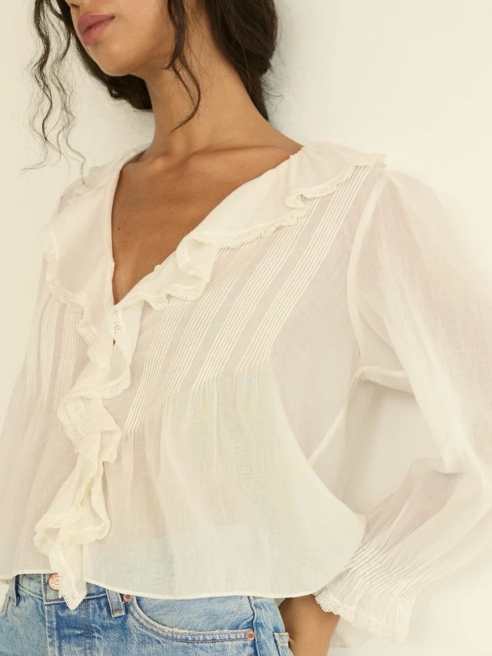 Women's Cream Ruffle V-Neck Blouse